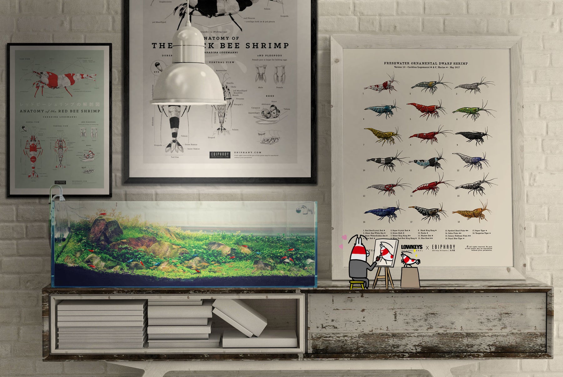 Ebiphany art prints displayed above a planted shrimp aquarium
